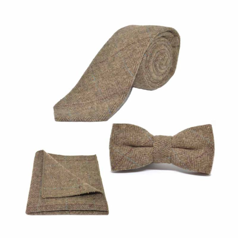 king & priory Luxury Herringbone Brown Tweed Bow Tie Tie & Pocket Square Set