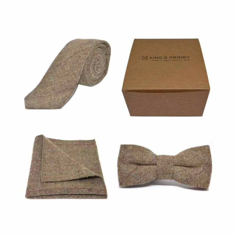 king & priory Luxury Herringbone Brown Tweed Bow Tie Tie & Pocket Square Set Boxed