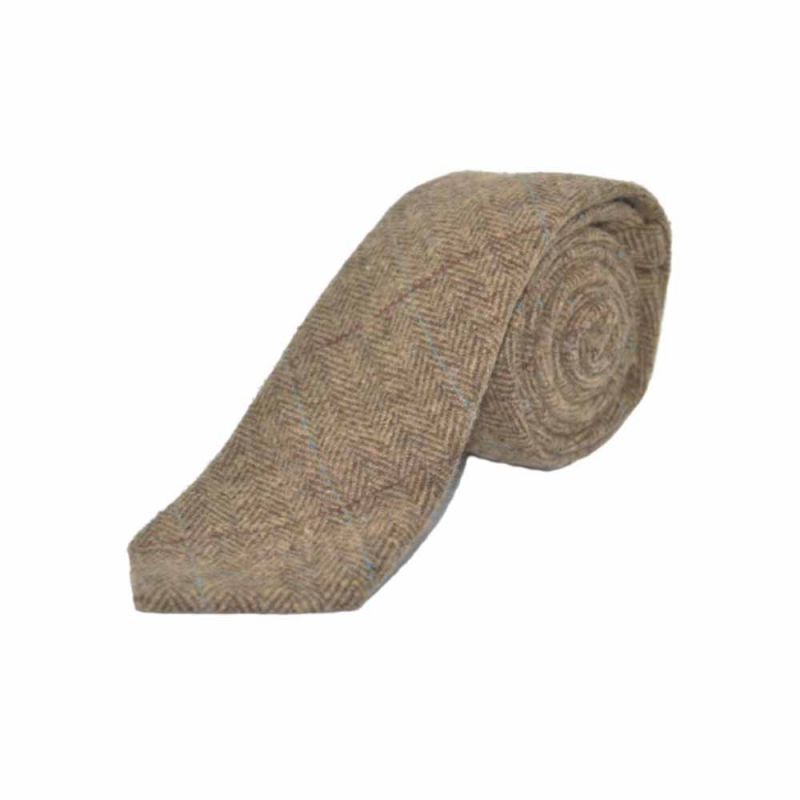 King & Priory Luxury Herringbone Brown Tweed Tie & Pocket Square Set Boxed