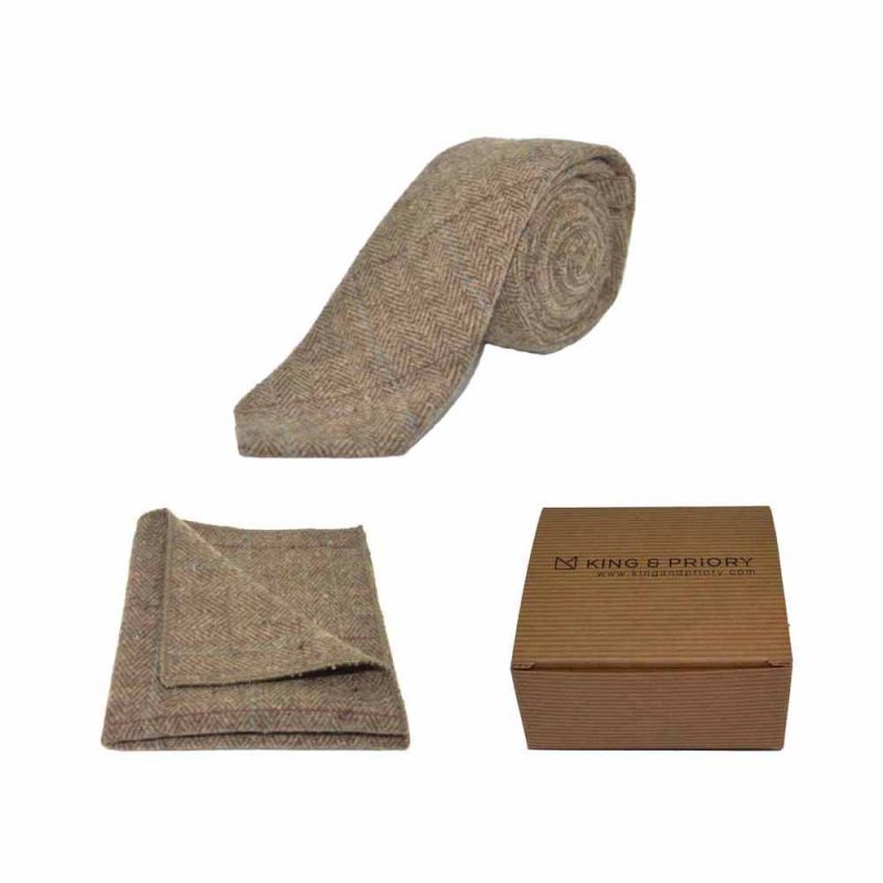 king & priory Luxury Herringbone Brown Tweed Tie & Pocket Square Set Boxed