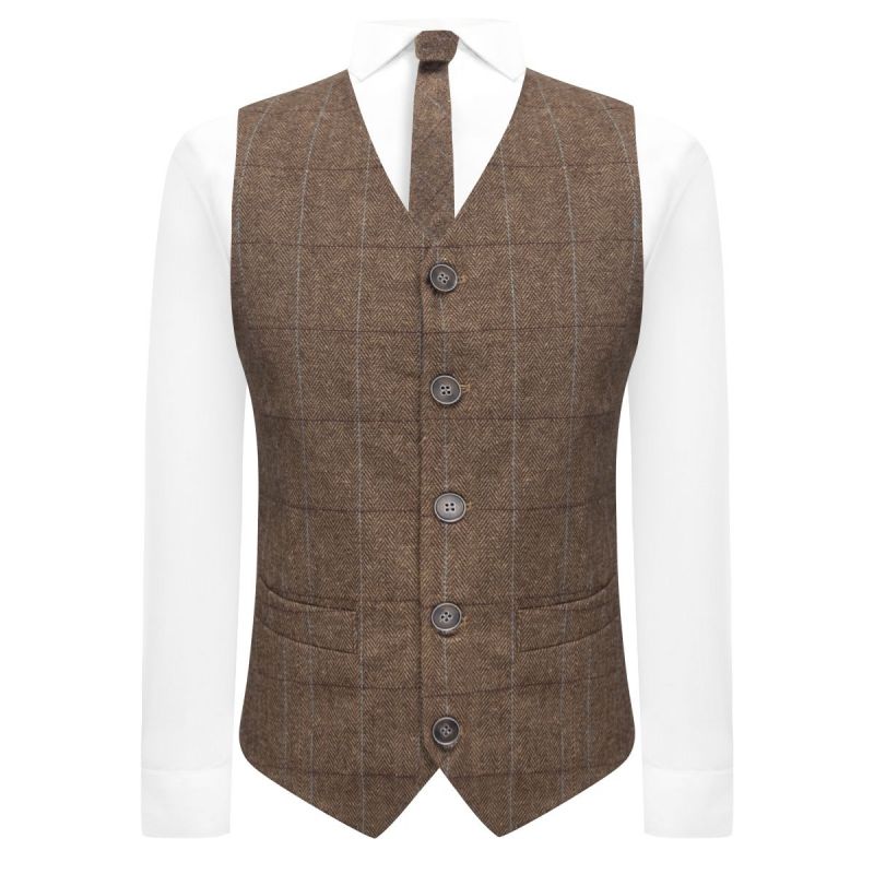 King & Priory Luxury Herringbone Brown Tweed Waistcoat