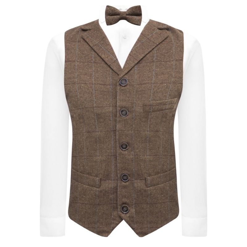 King & Priory Luxury Herringbone Brown Tweed Waistcoat With Lapel