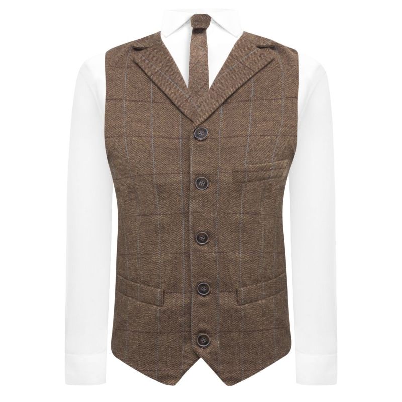 King & Priory Luxury Herringbone Brown Tweed Waistcoat With Lapel