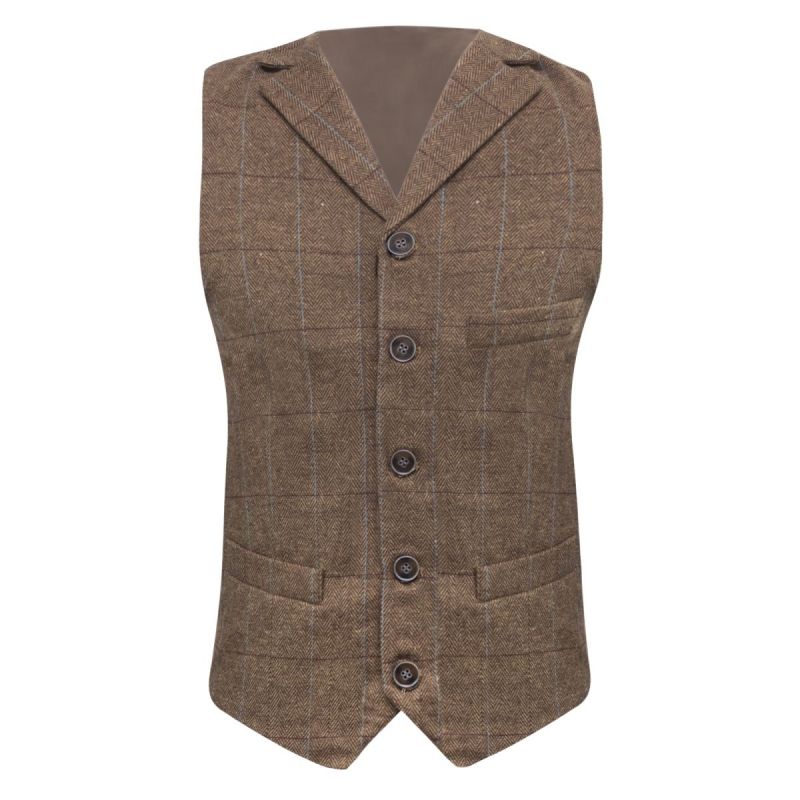 King & Priory Luxury Herringbone Brown Tweed Waistcoat With Lapel