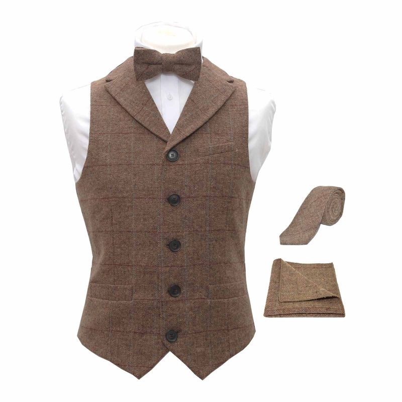 king & priory Luxury Herringbone Brown Tweed Waistcoat with Lapel & Matching Bow Tie Tie & Pocket Square Set