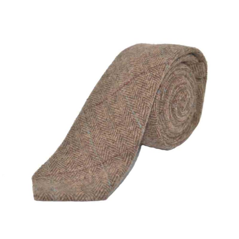 King & Priory Luxury Herringbone Brown Tweed Waistcoat With Lapel & Matching Tie