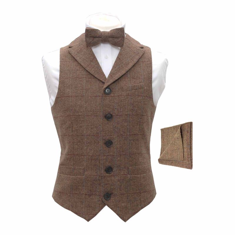 king & priory Luxury Herringbone Brown Tweed Waistcoat with Lapel & Matching Bow Tie & Pocket Square Set