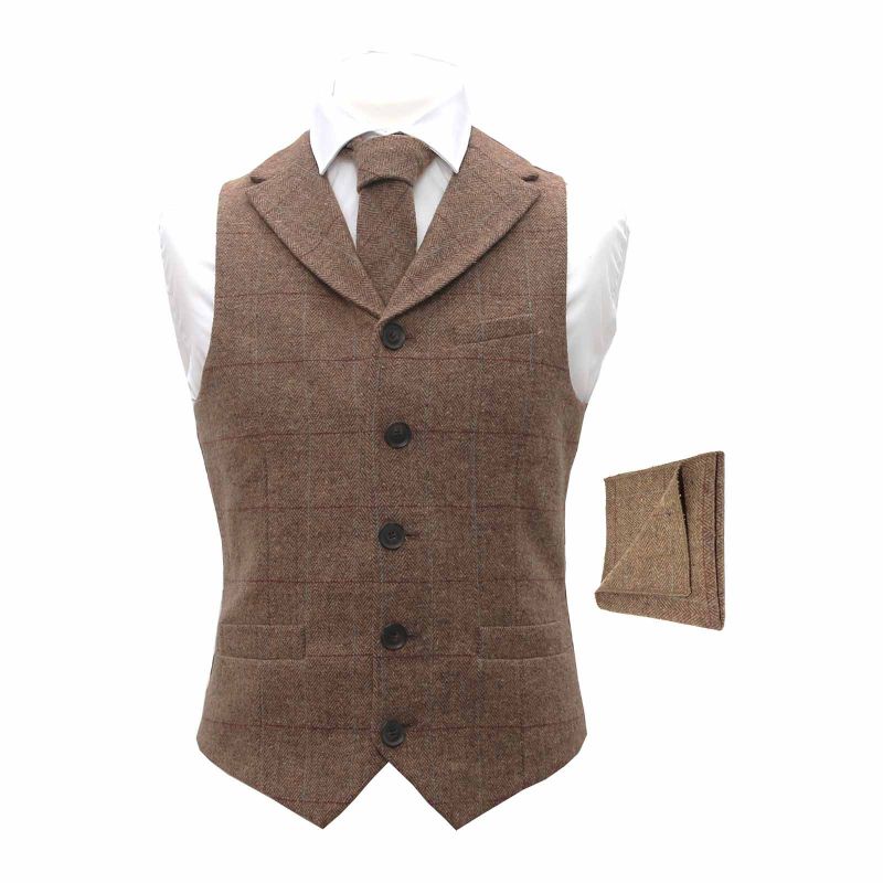king & priory Luxury Herringbone Brown Tweed Waistcoat with Lapel & Matching Tie & Pocket Square Set
