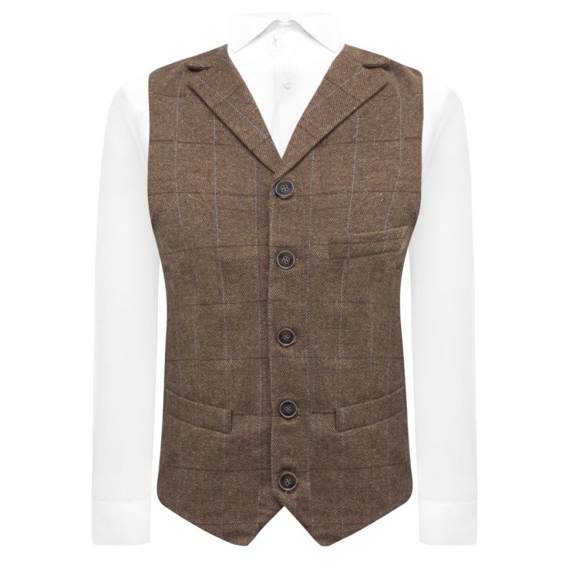 king & priory Luxury Herringbone Brown Tweed Waistcoat with Lapel