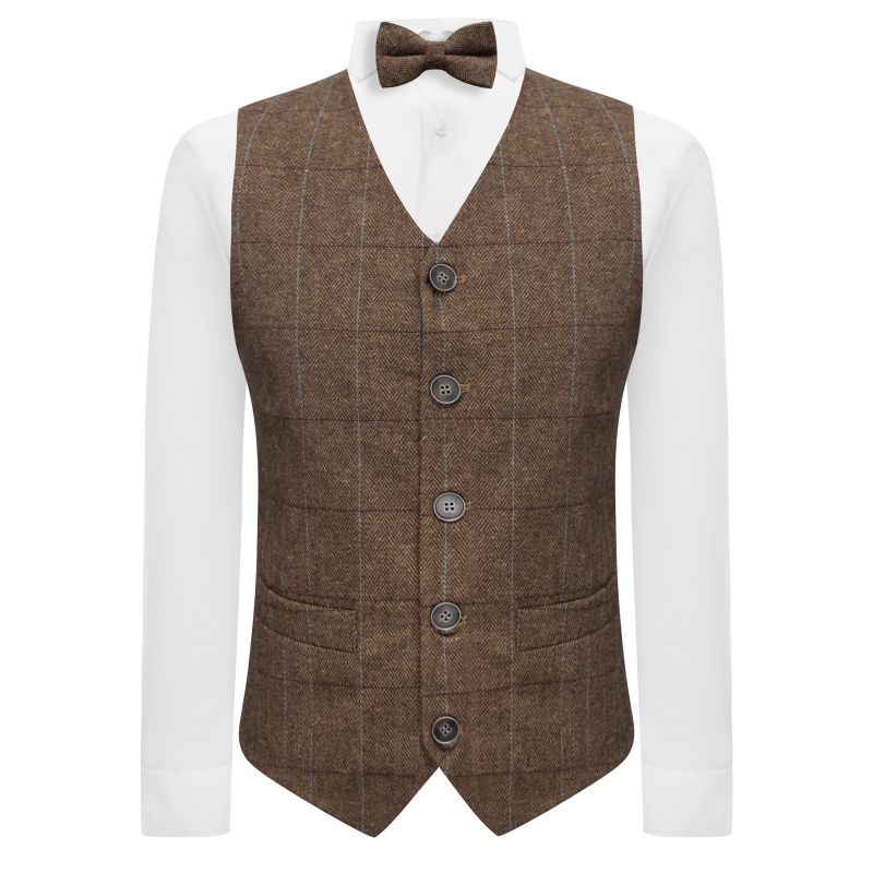 king & priory Luxury Herringbone Brown Tweed Waistcoat