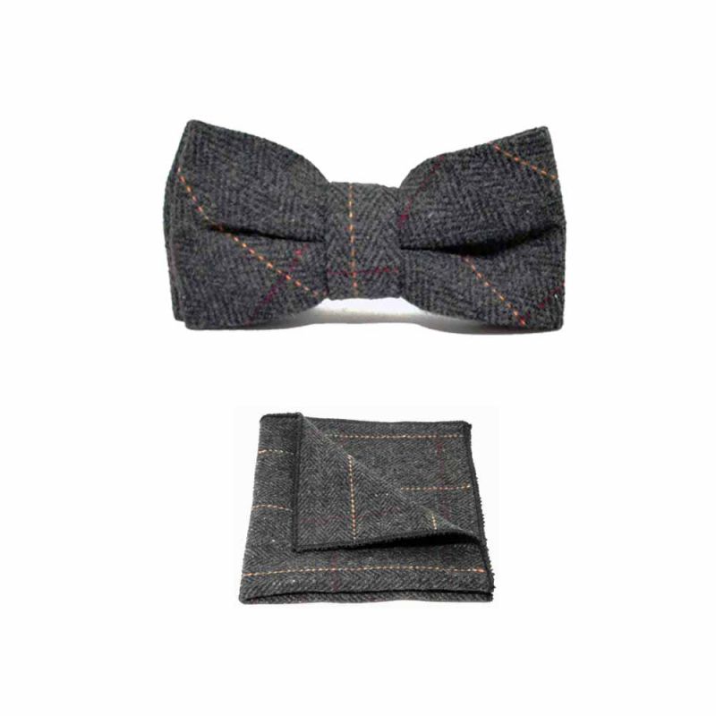 King & Priory Luxury Herringbone Charcoal Grey Tweed Bow Tie & Pocket Square Set Boxed