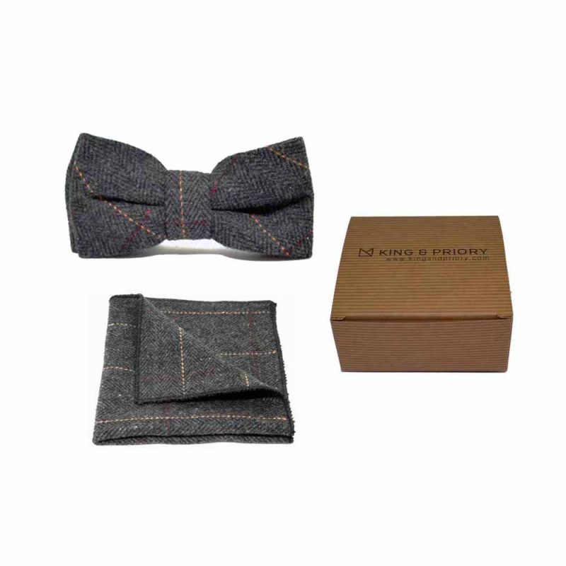 king & priory Luxury Herringbone Charcoal Grey Tweed Bow Tie & Pocket Square Set Boxed