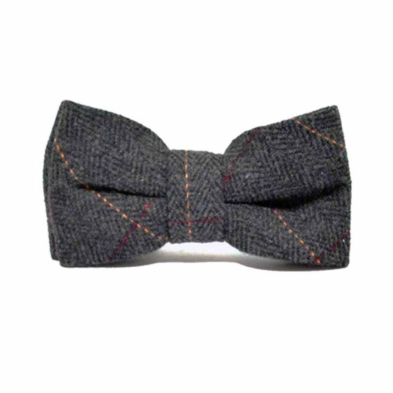 King & Priory Luxury Herringbone Charcoal Grey Tweed Bow Tie Tie & Pocket Square Set