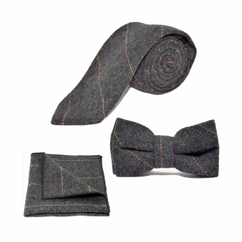 king & priory Luxury Herringbone Charcoal Grey Tweed Bow Tie Tie & Pocket Square Set