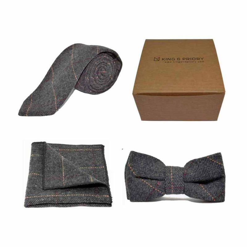 king & priory Luxury Herringbone Charcoal Grey Tweed Bow Tie Tie & Pocket Square Set Boxed