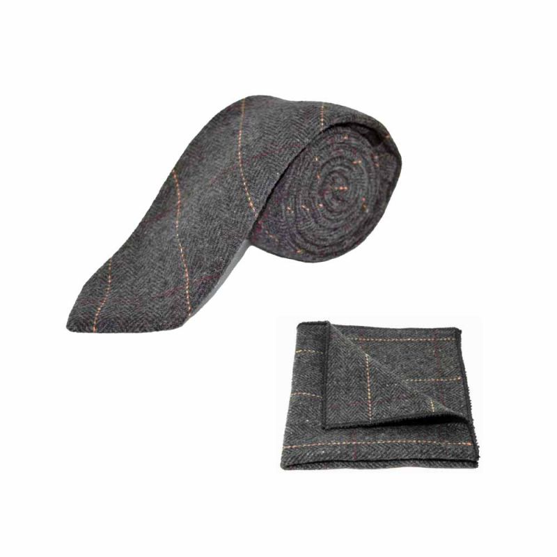 king & priory Luxury Herringbone Charcoal Grey Tweed Tie & Pocket Square Set