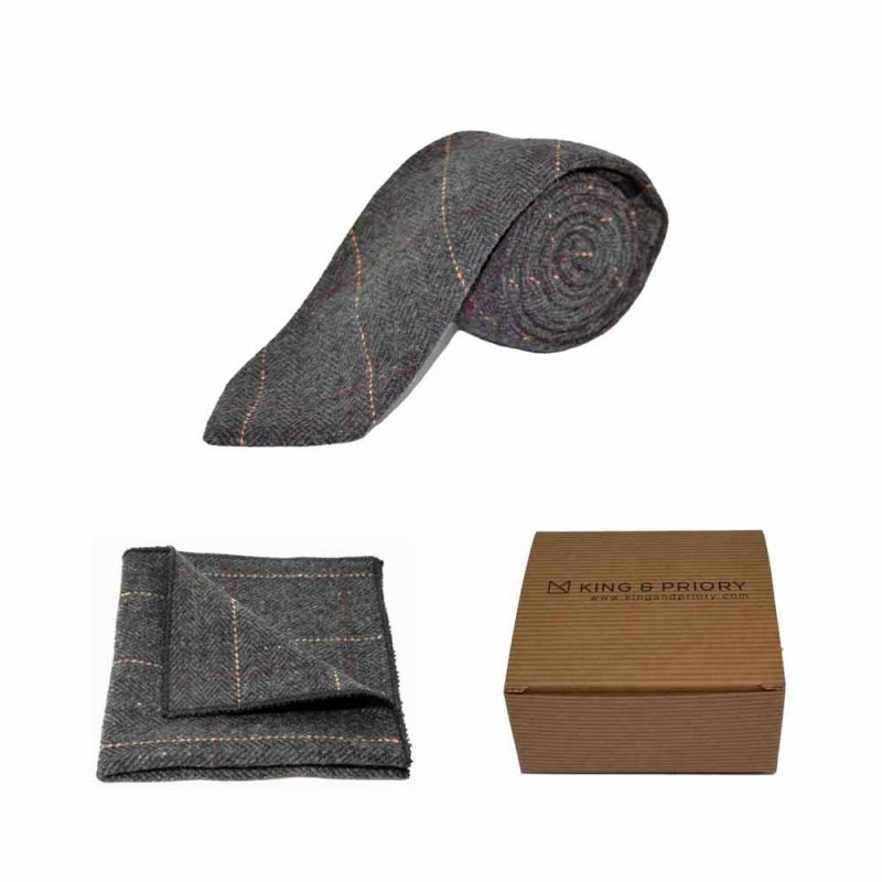 king & priory Luxury Herringbone Charcoal Grey Tweed Tie & Pocket Square Set Boxed