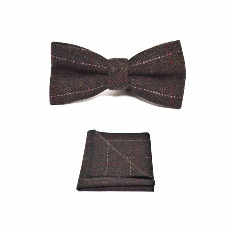 king & priory Luxury Herringbone Chocolate Brown Bow Tie & Pocket Square Set