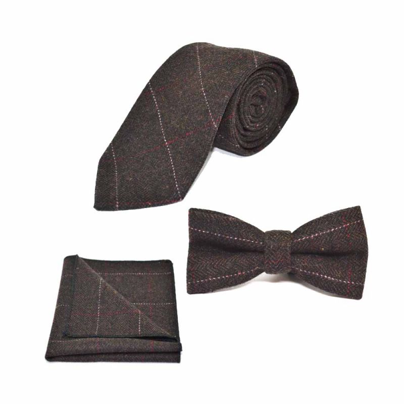 king & priory Luxury Herringbone Chocolate Brown Bow Tie Tie & Pocket Square Set