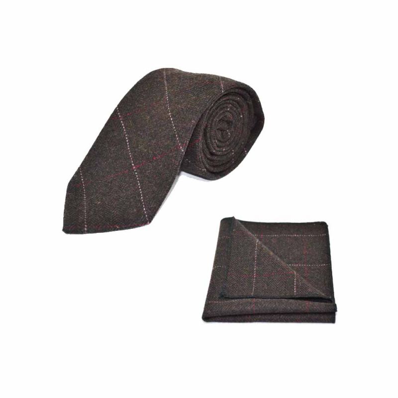 king & priory Luxury Herringbone Chocolate Brown Tie & Pocket Square Set