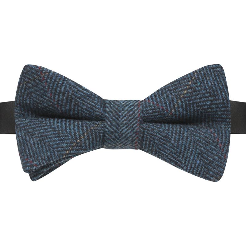 king & priory Luxury Herringbone Denim Blue Tweed Bow Tie