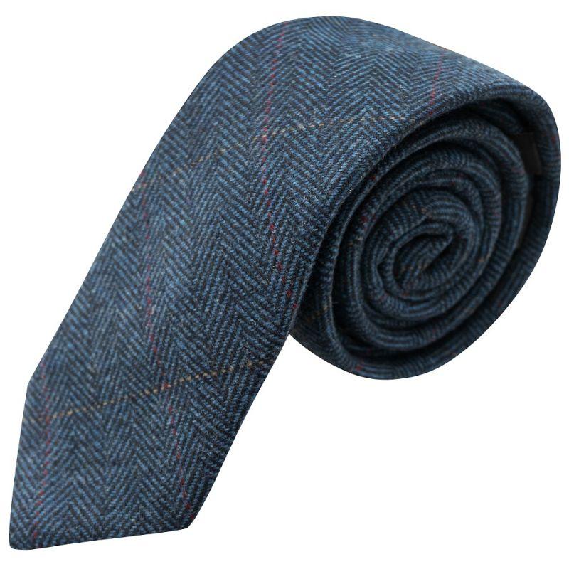 king & priory Luxury Herringbone Denim Blue Tweed Tie