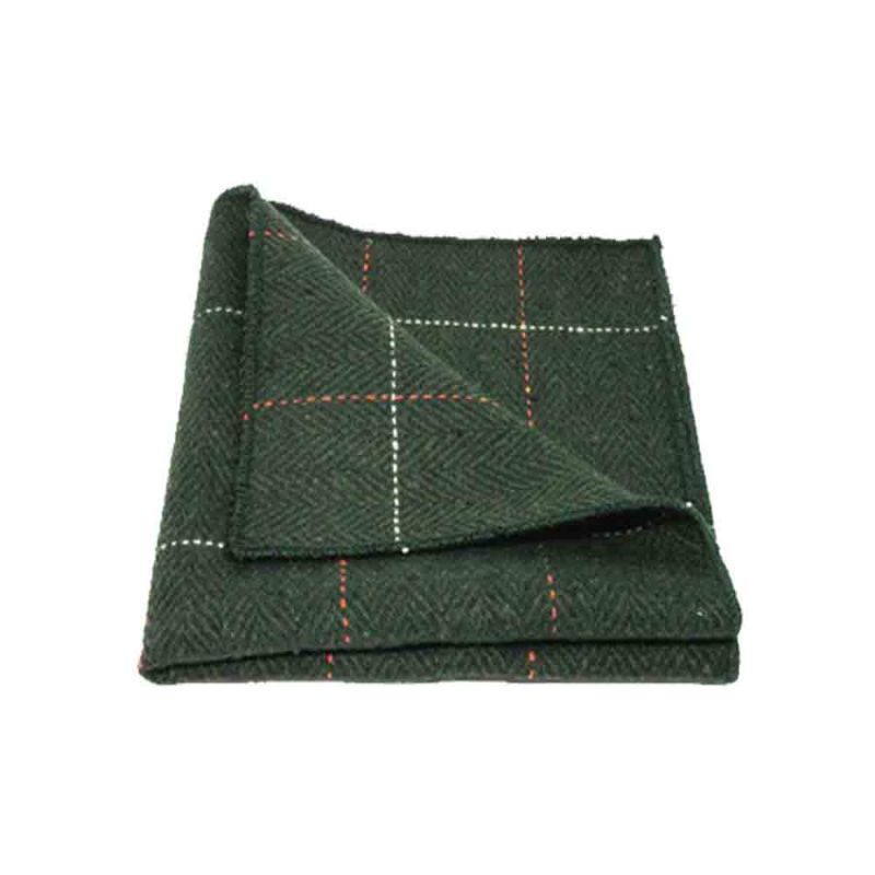King & Priory Luxury Herringbone Forest Green Tweed Bow Tie & Pocket Square Set Boxed