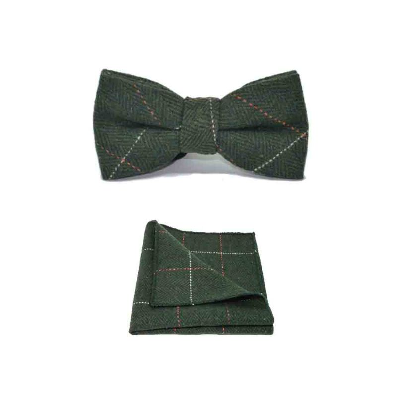 king & priory Luxury Herringbone Forest Green Tweed Bow Tie & Pocket Square Set