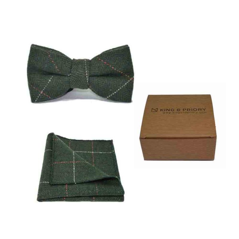 king & priory Luxury Herringbone Forest Green Tweed Bow Tie & Pocket Square Set Boxed
