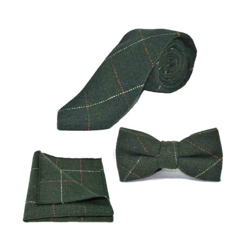 king & priory Luxury Herringbone Forest Green Tweed Bow Tie Tie & Pocket Square Set