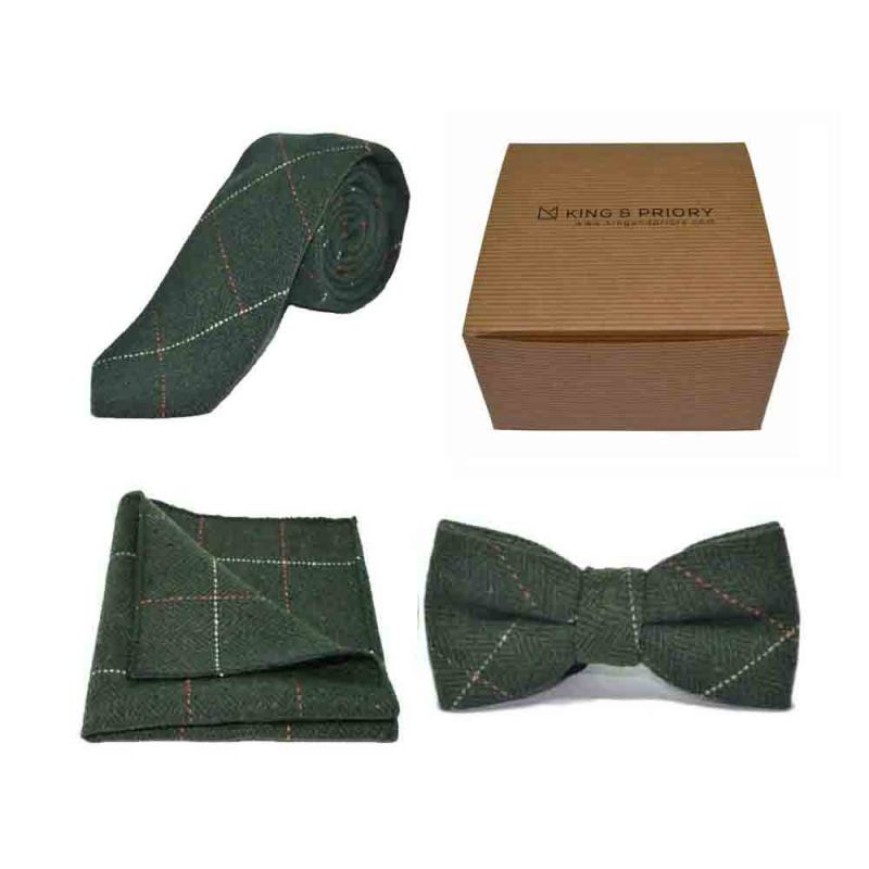 king & priory Luxury Herringbone Forest Green Tweed Bow Tie Tie & Pocket Square Set Boxed