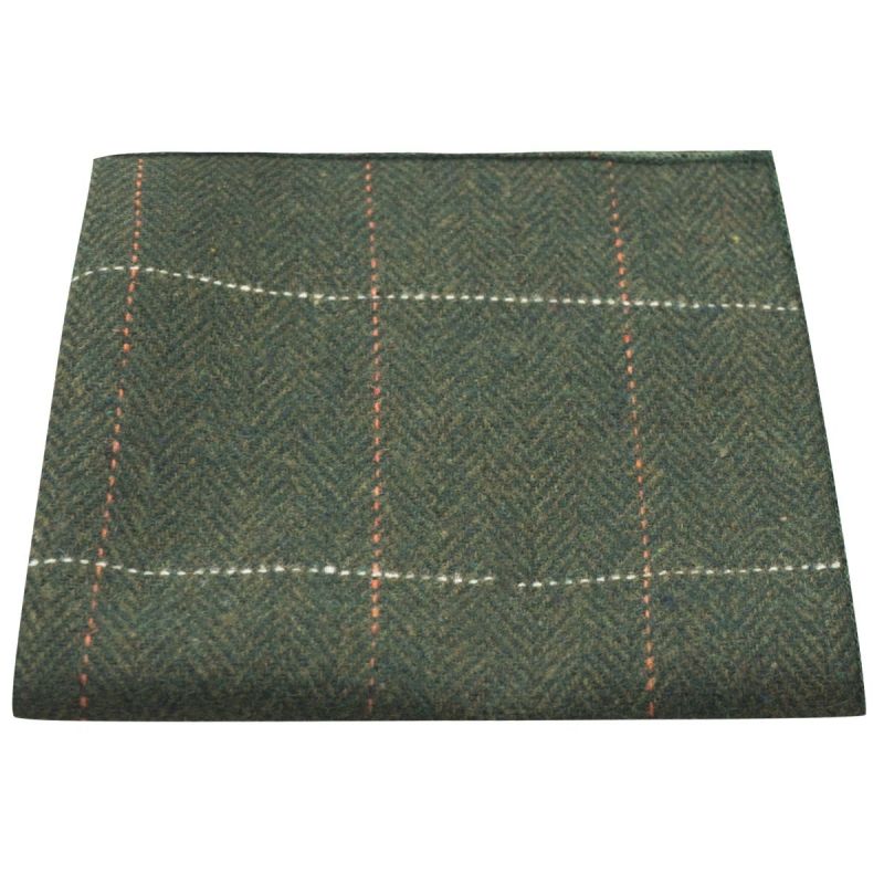 king & priory Luxury Herringbone Forest Green Tweed Pocket Square