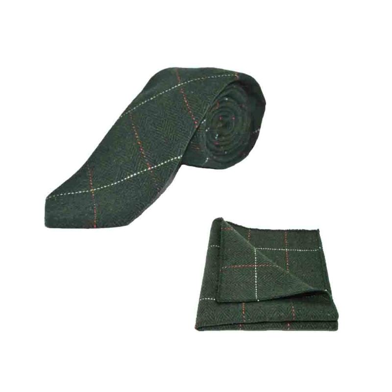 King & Priory Luxury Herringbone Forest Green Tweed Tie & Pocket Square Set Boxed