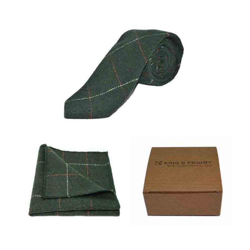 king & priory Luxury Herringbone Forest Green Tweed Tie & Pocket Square Set Boxed