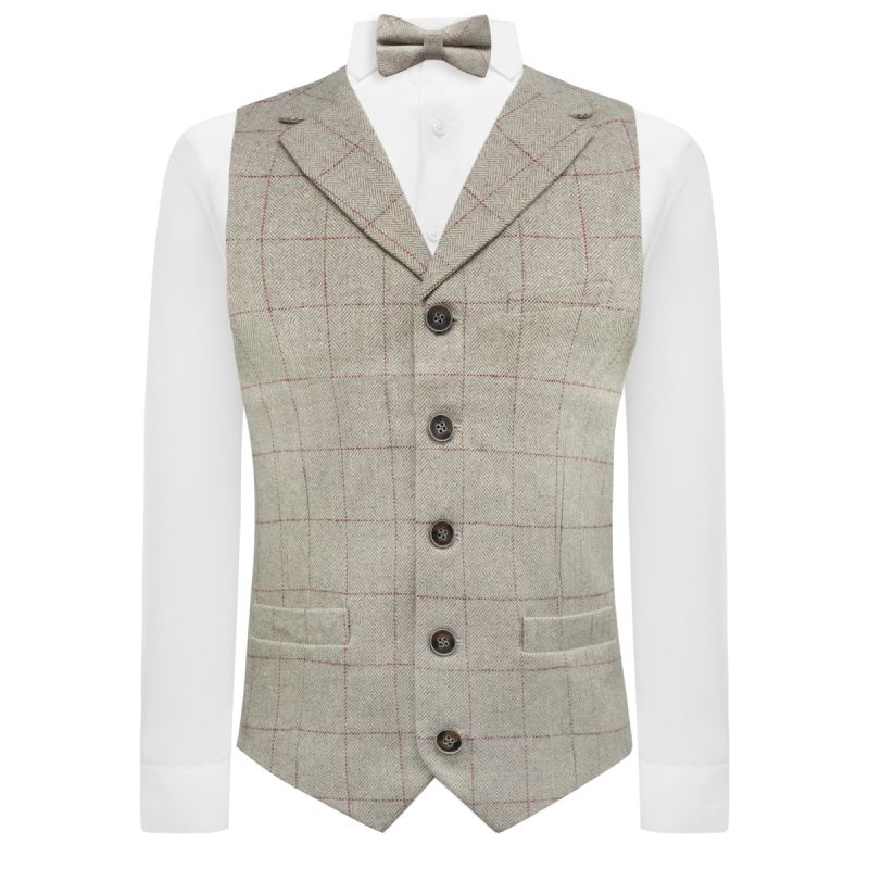 King & Priory Luxury Herringbone Light Grey Tweed Waistcoat With Lapel