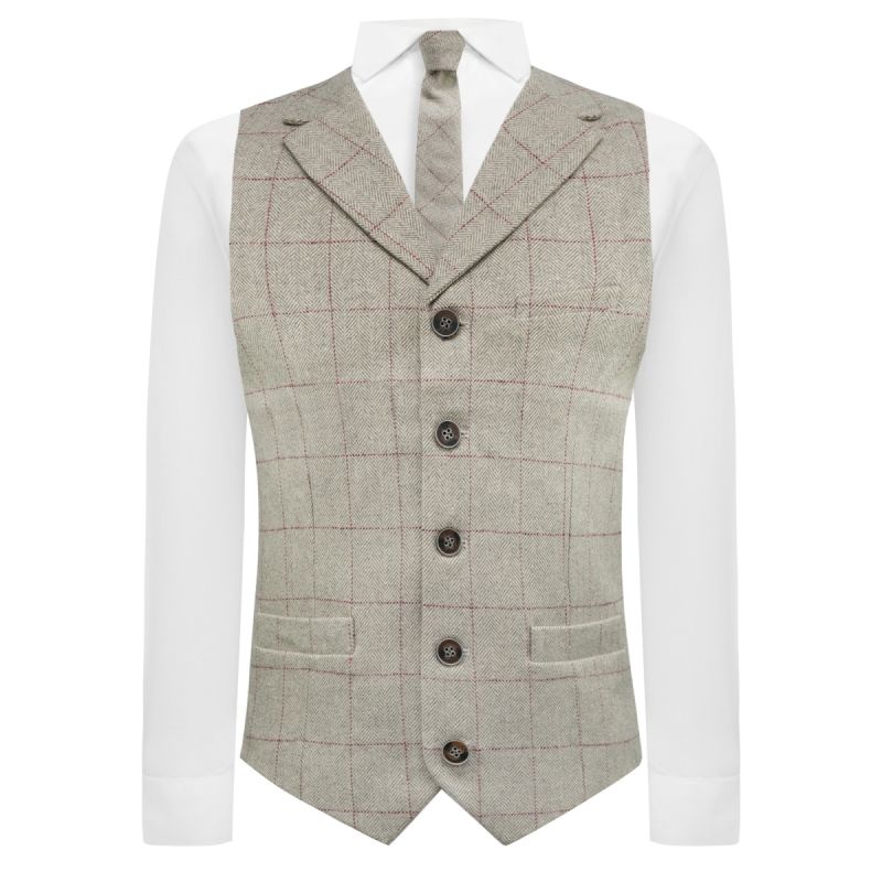 King & Priory Luxury Herringbone Light Grey Tweed Waistcoat With Lapel