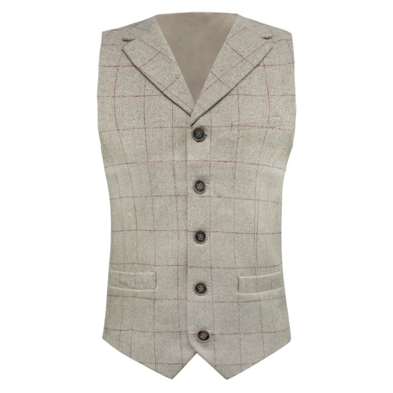 King & Priory Luxury Herringbone Light Grey Tweed Waistcoat With Lapel
