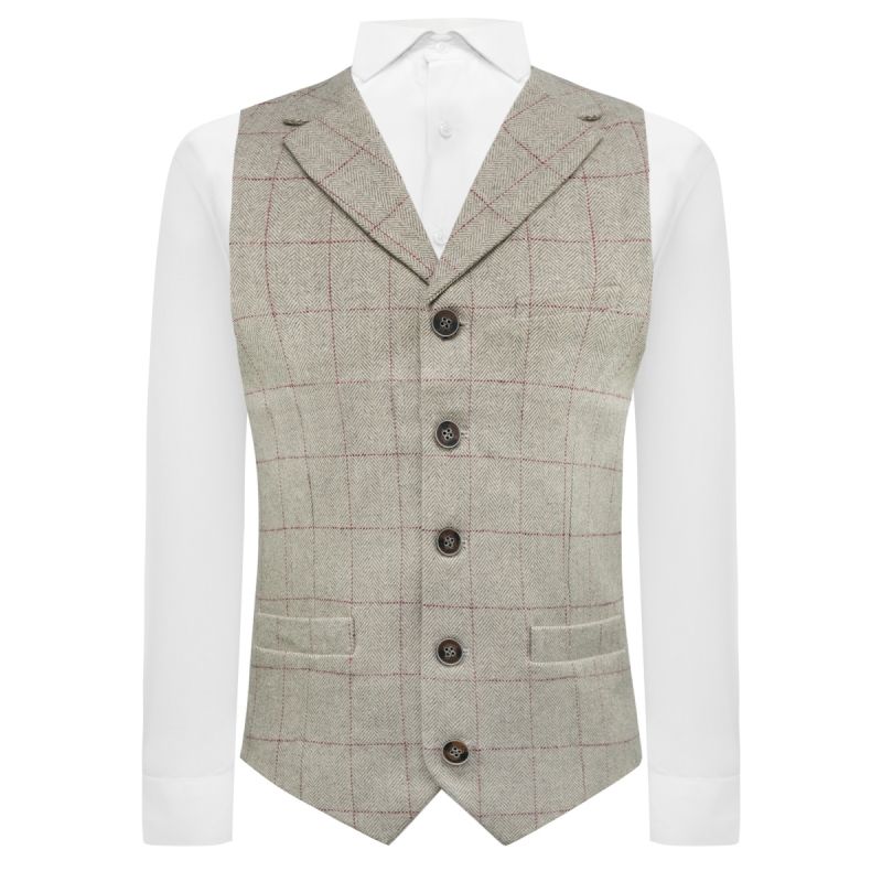 king & priory Luxury Herringbone Light Grey Tweed Waistcoat with Lapel