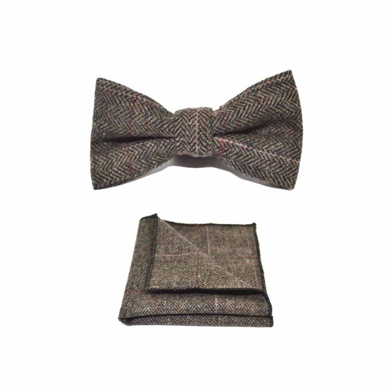 king & priory Luxury Herringbone Mocha Brown Bow Tie & Pocket Square Set