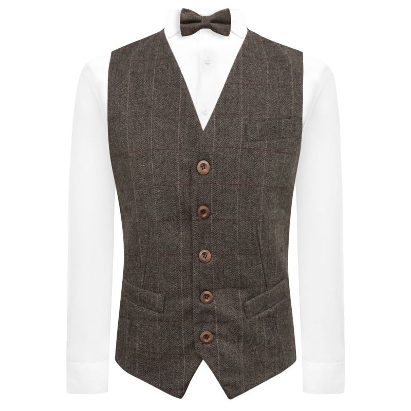 King & Priory Luxury Herringbone Mocha Brown Tweed Waistcoat