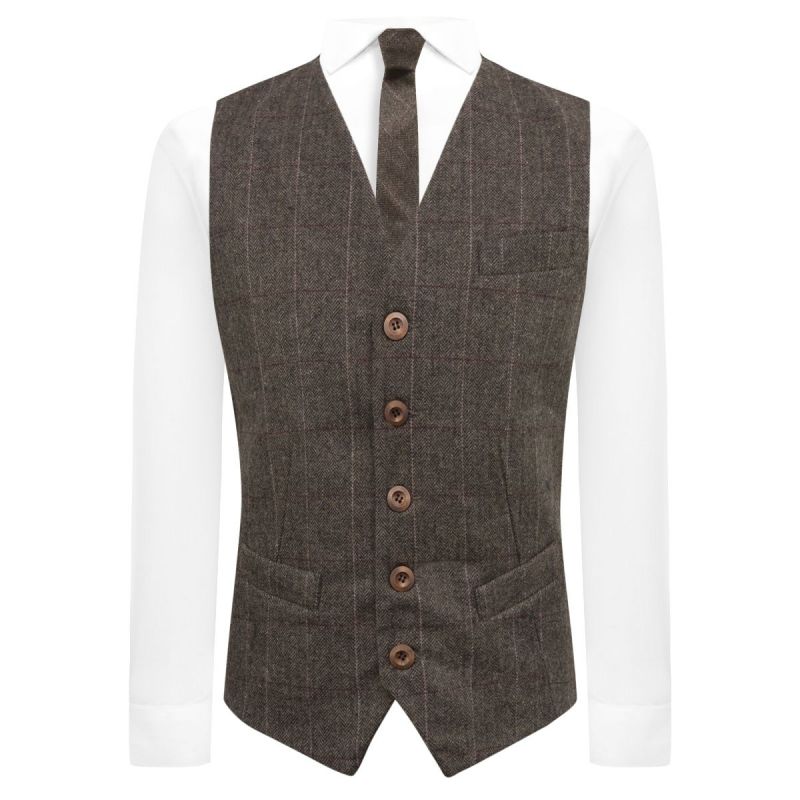 King & Priory Luxury Herringbone Mocha Brown Tweed Waistcoat