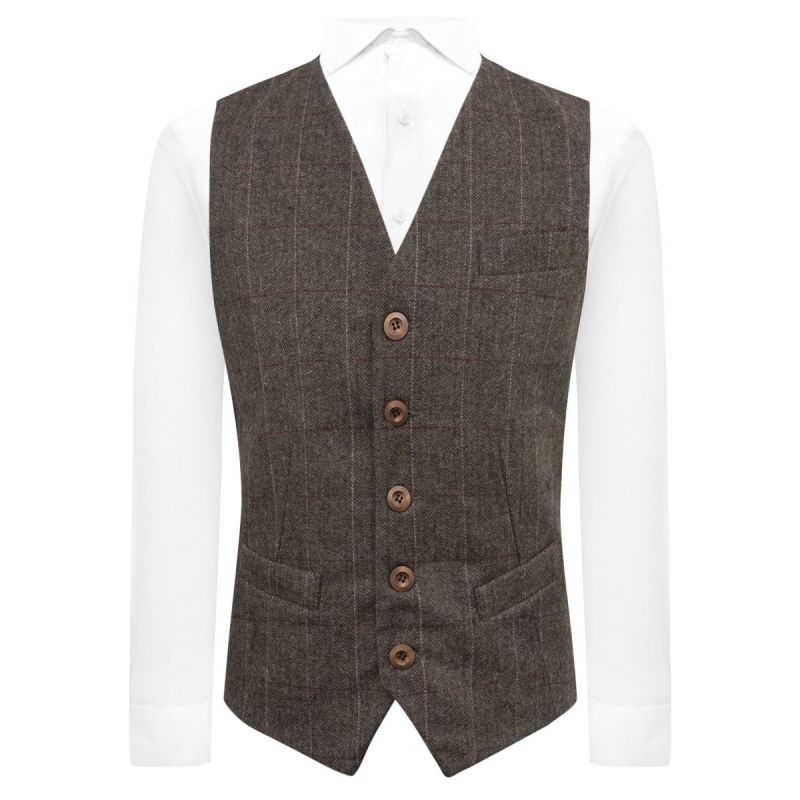 king & priory Luxury Herringbone Mocha Brown Tweed Waistcoat