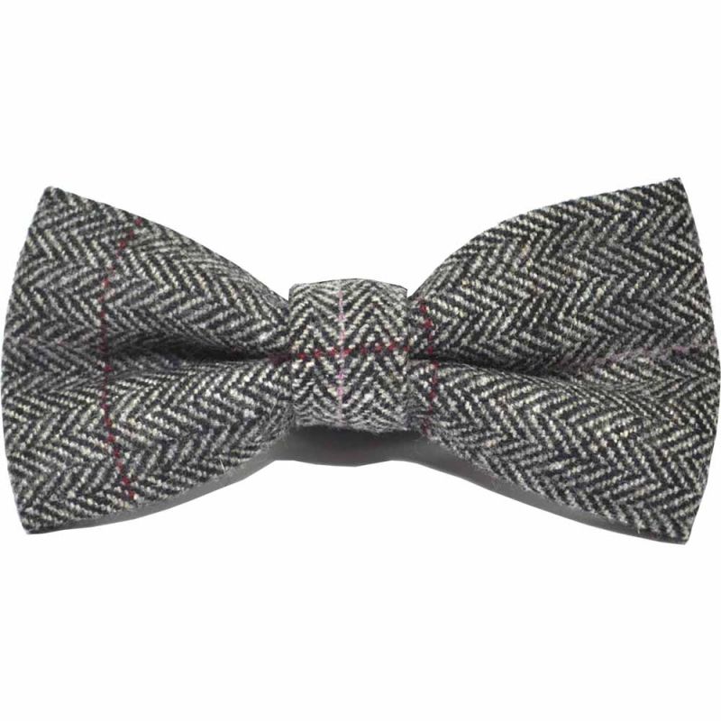 King & Priory Luxury Herringbone Pewter Grey Bow Tie & Pocket Square Set Boxed