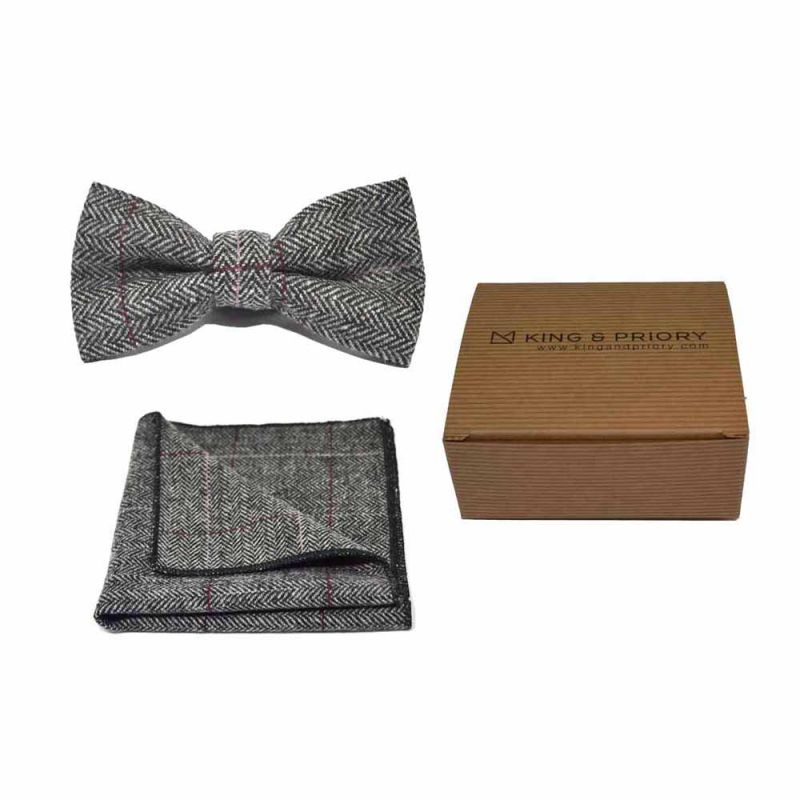 king & priory Luxury Herringbone Pewter Grey Bow Tie & Pocket Square Set Boxed
