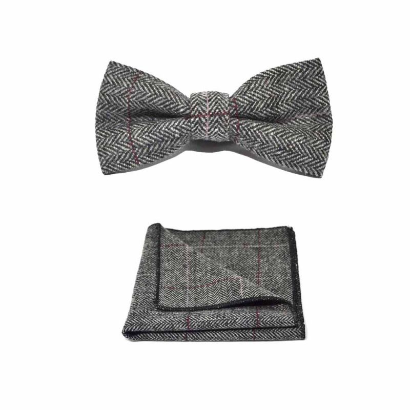 king & priory Luxury Herringbone Pewter Grey Bow Tie & Pocket Square Set