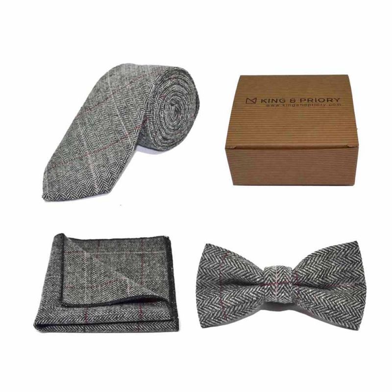 king & priory Luxury Herringbone Pewter Grey Bow Tie Tie & Pocket Square Set Boxed