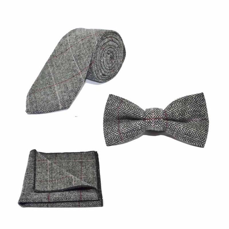 king & priory Luxury Herringbone Pewter Grey Bow Tie Tie & Pocket Square Set