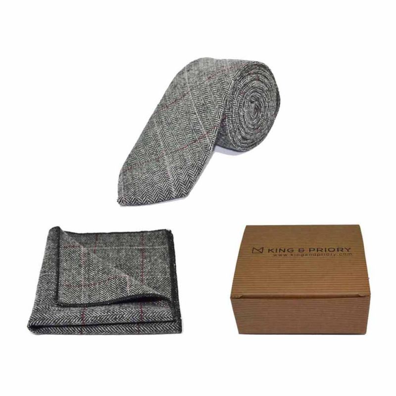 king & priory Luxury Herringbone Pewter Grey Tie & Pocket Square Set Boxed
