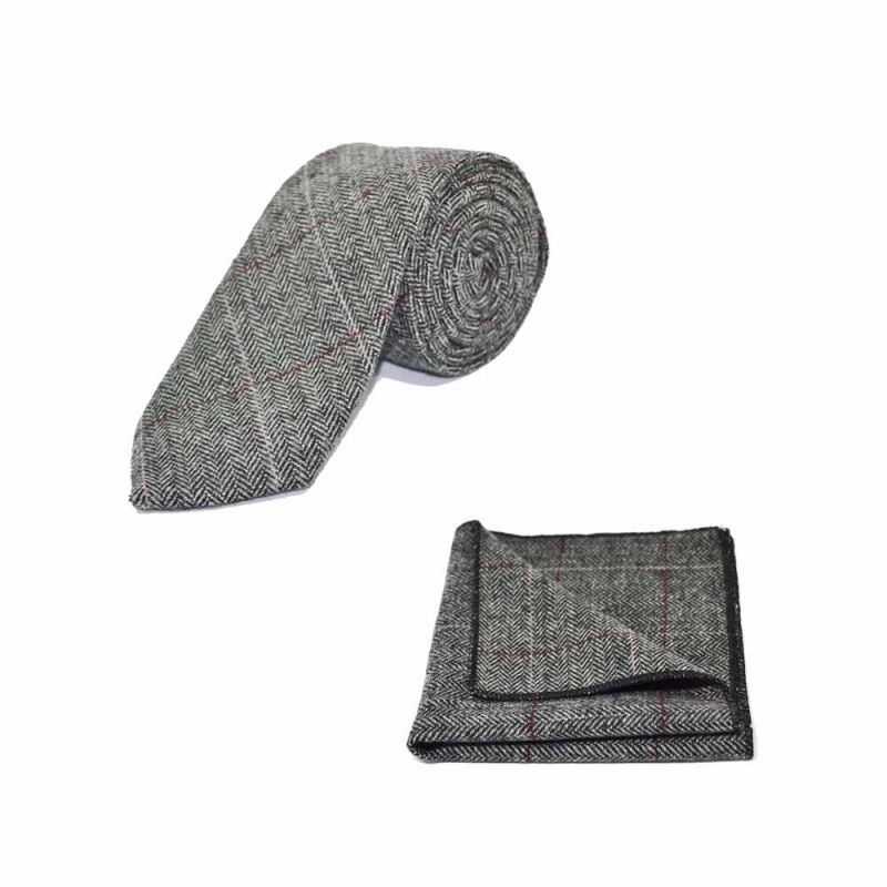 king & priory Luxury Herringbone Pewter Grey Tie & Pocket Square Set