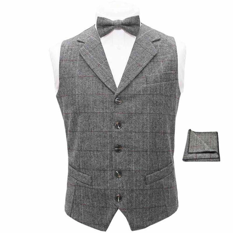 king & priory Luxury Herringbone Pewter Grey Waistcoat Bow Tie & Pocket Square Set